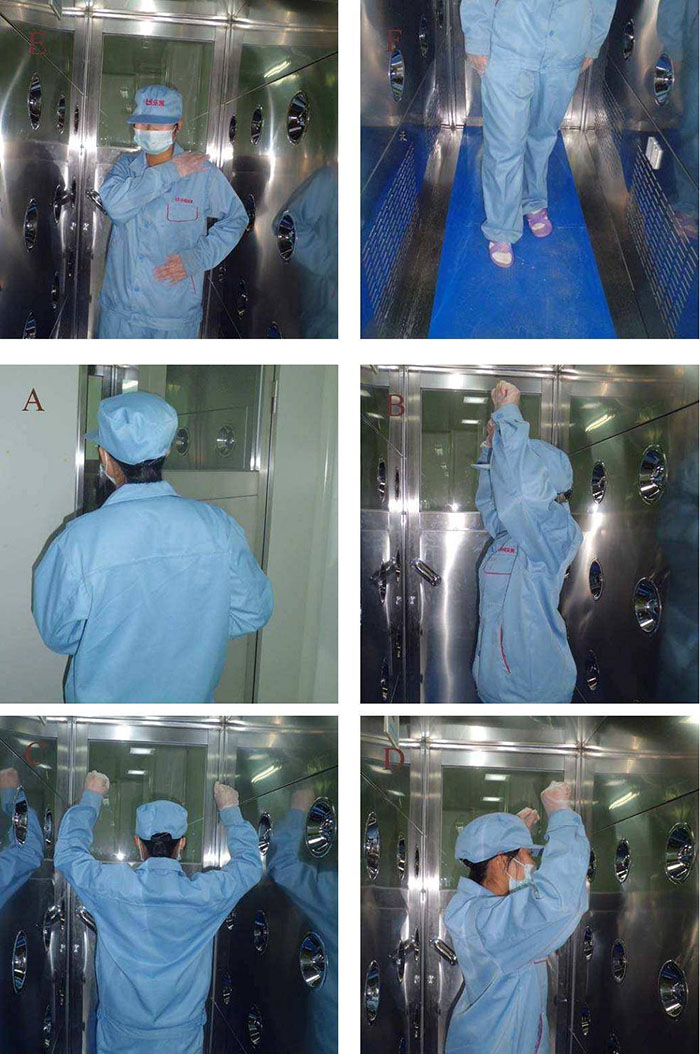 進入風(fēng)淋室前無塵服應(yīng)穿著得當(dāng)，袖口和領(lǐng)口需拉緊，避免衣物內(nèi)外的塵埃進入。